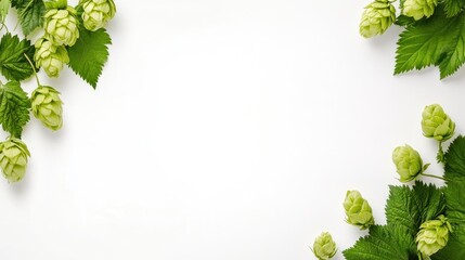 Hop cones and leaves against white background
