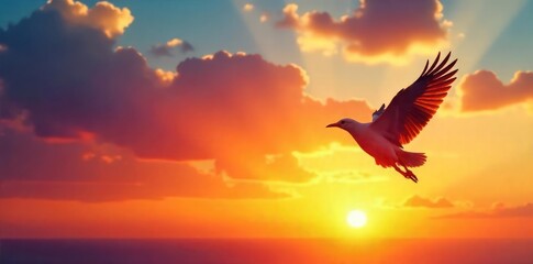 A lone bird in flight against a vibrant sunset, symbolizing liberation and the boundless expanse of open skies Perfect for themes of freedom, travel, and adventure , soar, vast