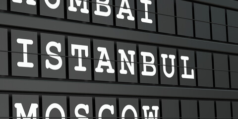 Fototapeta premium Istanbul, Turkey, travel destination, airport departure board. Tourism, booking, vacation, travel, holiday, journey. 3D illustration