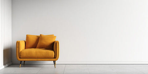 Mustard yellow armchair with cushions on grey floor image