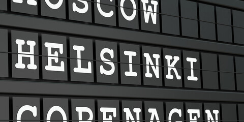 Fototapeta premium Helsinki, Finland, travel destination, airport departure board. Tourism, booking, vacation, travel, holiday, journey. 3D illustration