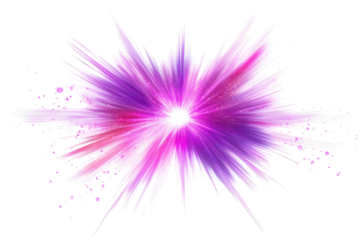 Explosion of pink and purple powder isolated on transparent background. Vibrant purple and pink starburst light effect isolated on white background.