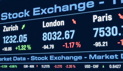 London, Paris index moving down. Stock exchange, trading board, market data, business, investment, currency information.