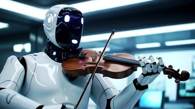 Robot Musician AI Violinist Performs in Futuristic Setting