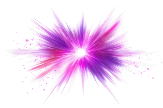 Explosion of pink and purple powder isolated on transparent background. Vibrant purple and pink starburst light effect isolated on white background.