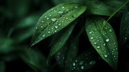 Fototapeta premium Dew drops on a fresh green leaf in nature