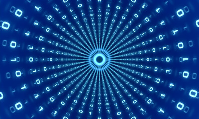 Binary code flowing through a tube or cable. Technology, data transmission, computer language, data exchange, internet, communication. 3D illustration