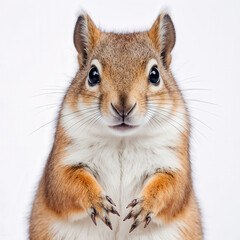 Obraz premium Squirrel's Gentle Gaze: A detailed, head-on portrait captures a squirrel with fluffy fur and beady eyes, inviting the viewer to appreciate the animal's unique charm.