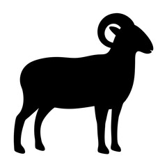Silhouette of a ram with curled horns standing in profile view