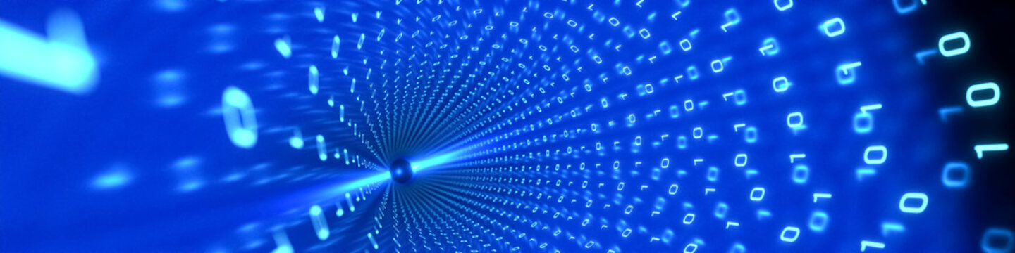 Futuristic binary code flowing through a tube or cable. Technology, data transmission, computer language, data exchange, internet, communication. 3D illustration