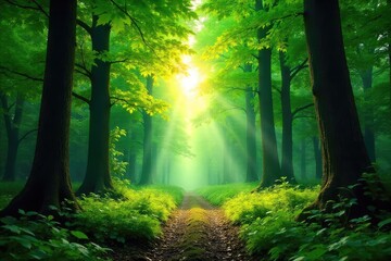 Fototapeta premium Lush green canopy of a vibrant forest, sunlight dappling through leaves, creating a serene and peaceful atmosphere Perfect for nature, environment, and ecology themes , natural, woods, wild