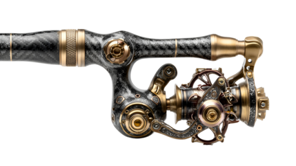 Ornate fishing rod handle and reel with carbon fiber and gold accents isolated on transparent background