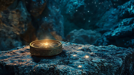 Mystical golden compass glowing on a stone in a dark cave, symbolizing guidance, adventure, and finding one's path.