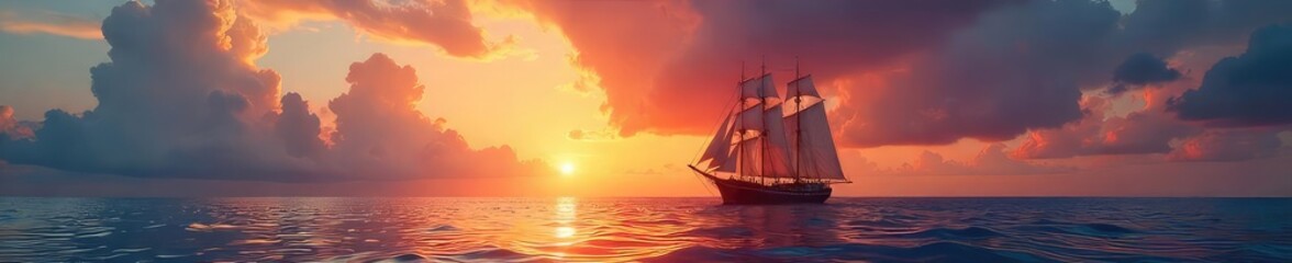 A majestic sailing ship glides gracefully across a tranquil ocean under a vibrant sunset, its sails billowing in the gentle breeze, a breathtaking scene of nautical beauty ,  voyage,  waves