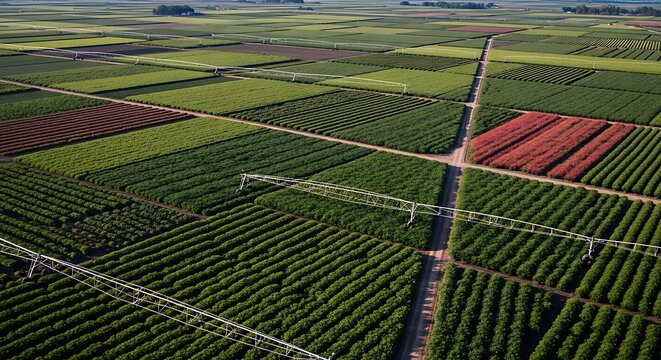 An extensive aerial view showcases a vibrant patchwork of agricultural fields with various crops planted in neat rows, crisscrossed by pivot irrigation systems and dirt roads.