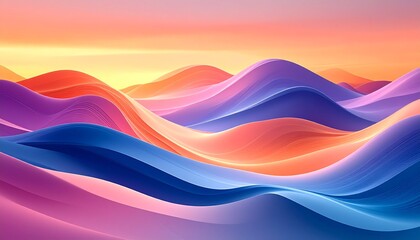 Realistic HD abstract background for travel themes, warm sunset gradients with orange, purple and sky blue tones, flowing wave-like shapes and light texture reminiscent of landscapes and clouds, centr