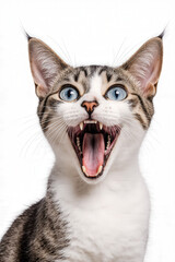 Obraz premium Feline Roar: A close-up portrait of a domestic cat exhibiting a striking display of open-mouthed vocalization, showcasing its sharp teeth and striking blue eyes in a moment of playful aggression.