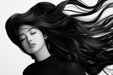 Photo fashion beautiful asian girl brunette, black hair fluttering beautifully in the wind, thick black hair, beautiful girl chinese japanese asian appearance