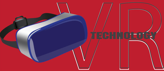 Virtual Reality (VR) goggles illustration on red background – dark blue glossy headset with silver accents, black strap, and bold VR Technology text graphic