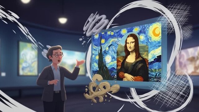 Animated art gallery tour featuring a cartoon guide and floating famous paintings