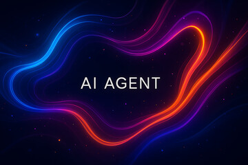 Obraz premium Futuristic AI Agent Concept with Glowing Neon Waves on Dark Digital Background