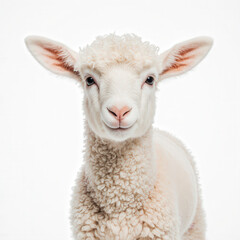 Lamb's Innocent Gaze: An intimate portrait of an adorable lamb, radiating pure innocence and serenity. The lamb's fluffy, pristine coat and gentle eyes convey a sense of calmness.
