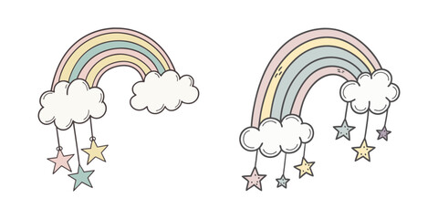 Pastel Rainbows with Clouds and Stars