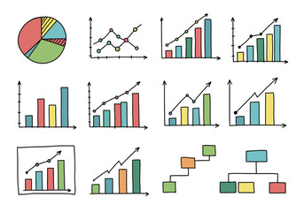 Collection of handdrawn business charts and diagrams isolated on white background, perfect for presentations, reports, and visualizing data trends and analysis