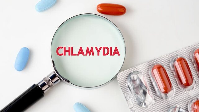 Animation of the word CHLAMYDIA through a magnifying glass in a composition with pills, antibiotics. The concept is medical. CHLAMYDIA is a virus that destroys relationships between people
