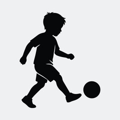 Silhouette boy kicks soccer ball training in black and white vector illustration