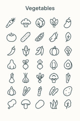 A collection of simple outline icons representing various types of fresh vegetables.