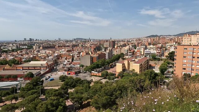 Badalona, Spain-23 August 2024. Panoramic view of the energy towers in Badalona, Spain, from a nature park. The harmony between nature and industry captured from a park overlooking three chimneys.