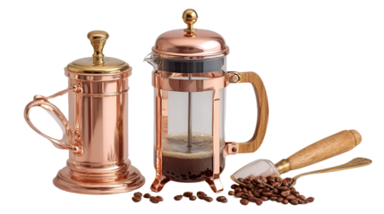 Two vintage copper french press coffee makers with coffee beans and scoop isolated on transparent background