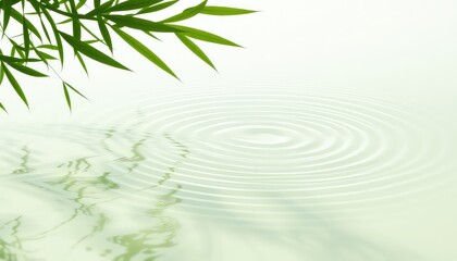 Fresh green bamboo leaves frame soft water ripples, creating a soothing and zen-like atmosphere, promoting relaxation