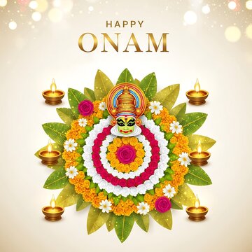Vibrant onam pookalam with traditional elements and diyas