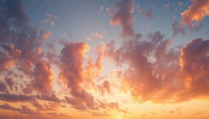 Naklejka premium Evening Sky Filled with Soft, Gentle Clouds Bathed in the Warm Glow of the Setting Sun, Displaying Beauty and Peace