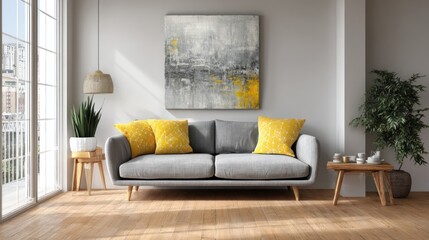 Fototapeta premium Modern living room with gray couch, yellow accents, and abstract art