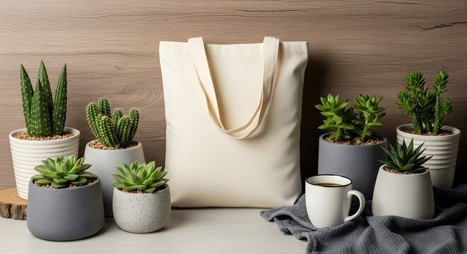 A blank canvas tote bag mockup surrounded by various potted succulents and a cup of coffee.