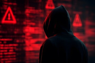 Powerful hacker lurking in the shadows with red warning signs on a digital screen, coding cybercrime and data breach anticipation