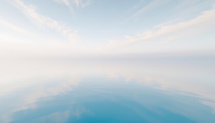 Calm waters mirror the soft pastel hues of the sky, creating a serene and tranquil vista, blurring the horizon line