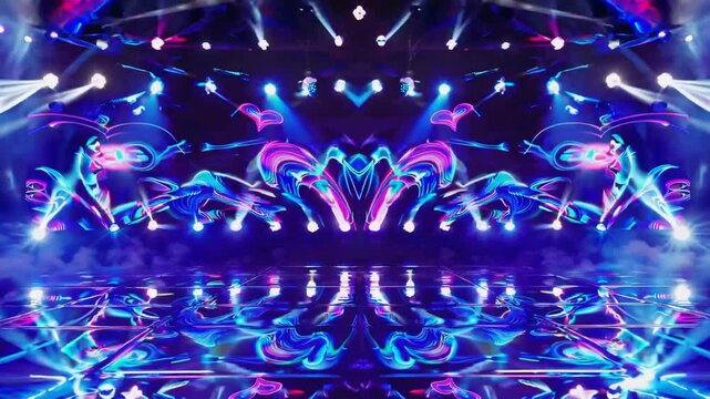 Loopable vivid K-pop-inspired concert stage animation with mirrored LED surface, swirling neon heart motifs and sinuous wave trails in candy-floss colors, designed for energetic pop performance visual