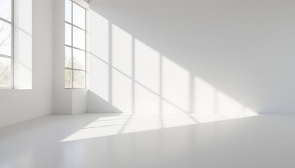 Fototapeta premium Bright and airy interior space filled with natural light streaming through windows creating geometric patterns on white walls