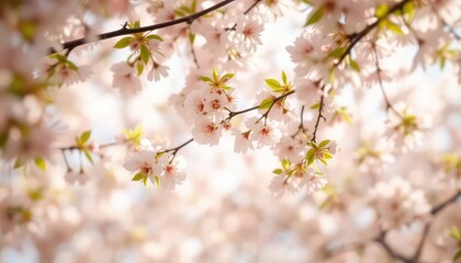 Obraz premium Pale pink blossoms adorn delicate branches, creating a soft, inviting spring scene in gentle, diffused light