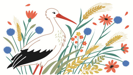 Illustration of a stork standing among wheat, cornflowers, and small red and yellow flowers outdoors