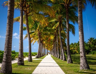 Obraz premium Palm tree-lined walkway to the beach