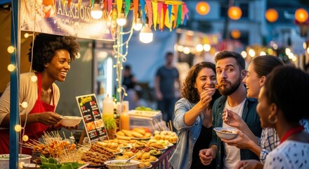 Joyful diverse friends sharing delicious street food and laughter at a vibrant outdoor night market festival