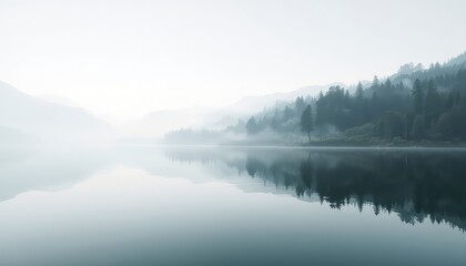 Fototapeta premium Tranquil mirrored lake reflecting forest trees and distant mountains shrouded in mist, creating an ethereal and calming scenic view