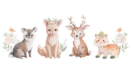 Obraz premium Watercolor illustration of a fox, deer, and other cute animals with floral accents in a row