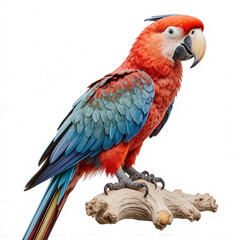 Obraz premium Scarlet Macaw's Vivid Presence: Witness the breathtaking beauty of a vibrant scarlet macaw perched on a weathered branch, its striking plumage and keen gaze captivate. 