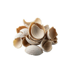 Small pile of blanched almond skins, thin, papery, and wrinkled, in off-white to pale tan hues, isolated on a clean transparent background with soft studio lighting, concept of food byproduct texture